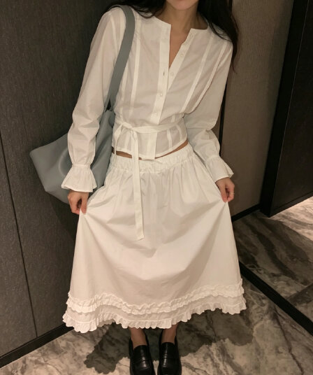 chic 다용도 작은 대중 패션 캐주얼 싱글 줄 버튼 출퇴근 셔츠 허리밴드 반신 스커트 7부 바지 투피스 세트