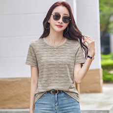 批发夏季条纹短袖T恤女圆领宽松显瘦百搭休闲基础款<b class='q'>打底</b>衫洋气<b class='q'>上衣</b>