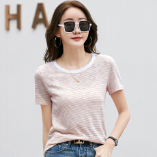 批发夏季新款条纹打底衫大码<b class='q'>t</b><b class='q'>恤</b>女<b class='q'>短袖</b>圆领宽松上衣日韩百搭体恤