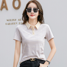 批发休闲polo衫女2027新款条纹<b class='q'>短袖</b><b class='q'>t</b><b class='q'>恤</b>宽松别致小众翻领洋气上衣