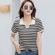 批发条纹polo衫女夏季休闲百搭大码宽松<b class='q'>短袖</b><b class='q'>t</b><b class='q'>恤</b>翻领复古正肩体恤