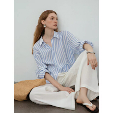 批发法式蓝色条纹亚麻防晒衬衫女夏季老钱风休闲宽松慵懒衬衣外套上衣