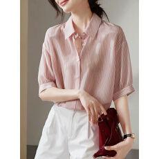 批发2026夏季新款流行翻领短袖宽松显瘦桑蚕丝条纹衬衫上衣女