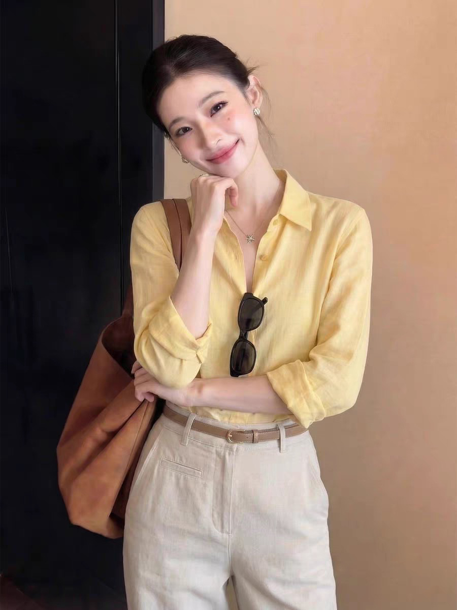 한 부서 핑크색 polo 폴로 칼라 긴팔 여성 셔츠 여름 오래된 돈 바람 품격 루즈핏 캐주얼 셔츠 자외선 차단 맨위