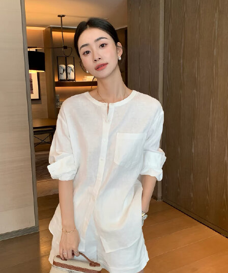 동백 나무 아마 셔츠 휴가 바람 없음 칼라 루즈핏 맨위 여성 오픈 가디건 얇고 가벼운 셔츠 여름