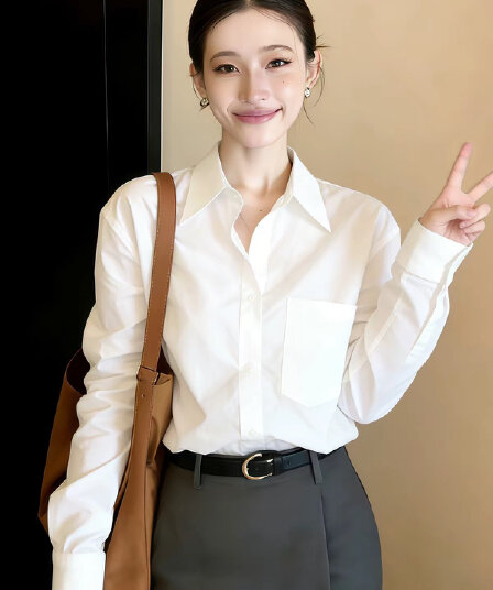 화이트 POLO 칼라 긴팔 셔츠 봄 가을 여성 2026 년 새로운 빛 럭셔리 고급 센스 프랑스식 사소한 Chic 켜기
