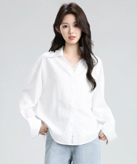 화이트 POLO 칼라 긴팔 여성 셔츠 봄 2026 봄 가을 새로운 레이스 레이스 패치워크 V넥 흰 셔츠 맨위