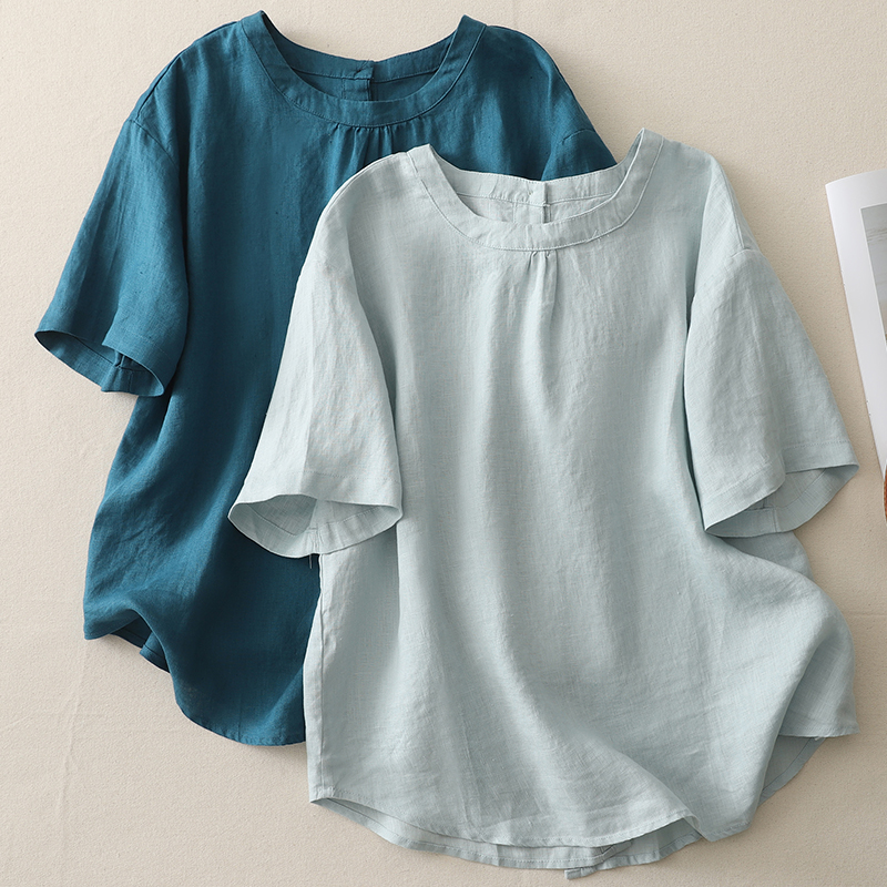 레트로 컬러 짜임 도트 무늬 면 린넨 여성 셔츠 품격 곰팡이 고리 셔츠 여름 반팔 맨위