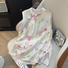 批发欧洲站夏季新款时尚百搭立领盘扣印花棉麻马甲女显瘦上衣潮