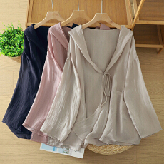 批发棉麻轻盈凉感连帽系带设计宽松大版防晒休闲上衣夏薄安妮<b class='q'>森林</b>