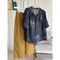 批发新款韩版大码上衣印花复古时尚洋气<b class='q'>妈妈</b>夏装+棉麻裤子