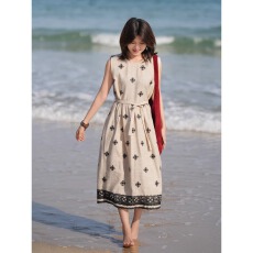 批发棉麻春夏新款亚麻圆领无袖宽松通勤气质<b class='q'>连衣裙</b><b class='q'>原</b>麻色文艺女