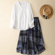 批发实拍有货净色防晒衬衣+双层春夏季文艺民族风 复古印花<b class='q'>棉麻</b><b class='q'>半身裙</b>