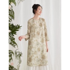 批发2026年棉麻圆领中式印花<b class='q'>七分袖</b>上衣夏季中长款宽松衬衣