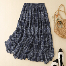 批发双层印花<b class='q'>半身裙</b>女夏季新款高腰显瘦a字裙松紧腰碎花大摆伞裙长裙