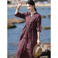 批发2026新款高端棉麻女装春夏旅游度假风妈妈气质棉麻收腰波点<b class='q'>连衣裙</b>