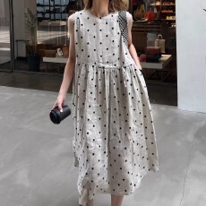 批发春夏新女 高定款波点棉麻<b class='q'>大码</b>无袖背心<b class='q'>连衣裙</b>
