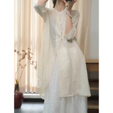 批发古与色文艺复古宽松中长款开衫衬衣<b class='q'>裙</b>休闲七分袖<b class='q'>棉麻</b>衬衫女夏新款