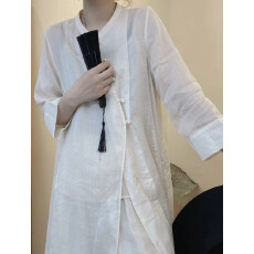 批发夏季<b class='q'>棉麻</b>立领斜襟珍珠扣设计复古禅意中长款上衣女