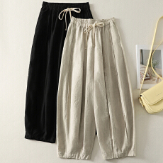 批发<b class='q'>文艺</b>范儿南瓜裤 松紧腰亚麻阔腿裤女夏季宽松长裤灯笼裤