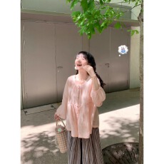 批发2026新款夏日甜美淡粉色<b class='q'>纯棉</b>麻宽松防晒衬衫