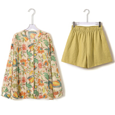 批发2026夏季女装穿搭一整套小众假日风<b class='q'>亚麻</b>印花防晒衬衫+休闲短<b class='q'>裤</b>