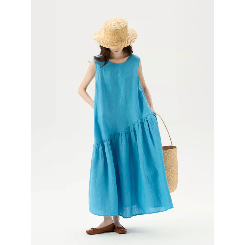 여름 반복 컬러 짜임 블루 아마 마이크로 질감 문예 A라인 스커트 루즈핏 비스듬한 밑단 조끼 스커트