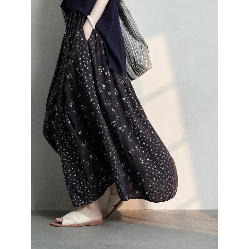 이중층 문예 품격 다용도 꽃무늬 면 중간 길이 큰 진자 반신 스커트