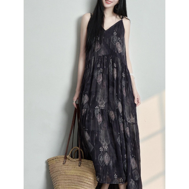 문예 프랑스식 센 부서 디스플레이 화이트 페이 S 이익 프린트 쉬폰 슬립 드레스