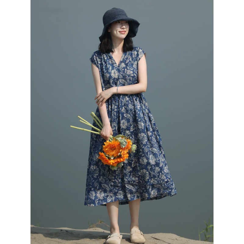 아름다움 로드 중 여름 심지어 소매 디자인 펌프 로프 여성 의류 무릎 아래 드레스 파란색 프린트 레트로 V넥 치마