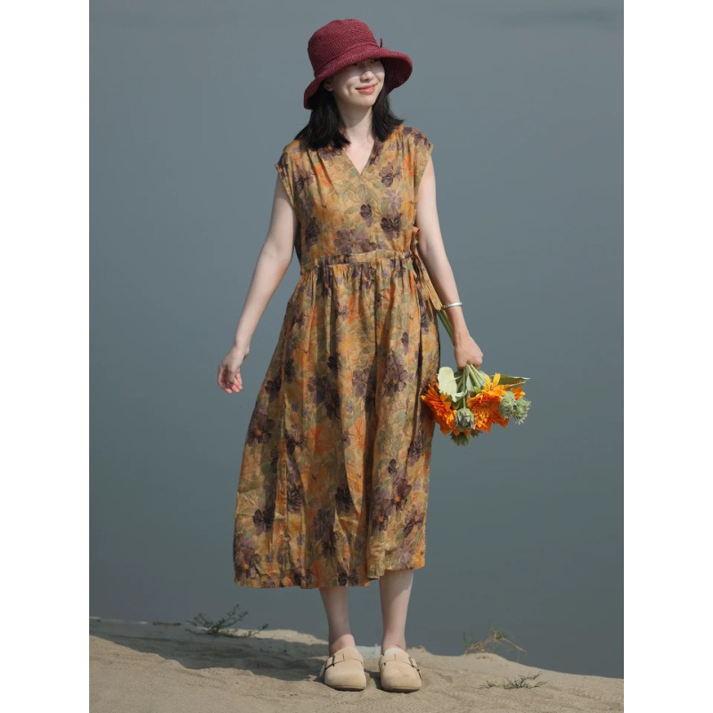 여성 의류 여름 프린트 면 린넨 무릎 아래 연령 감소 드레스 2026 새로운 문예 오리지널 디자인 치마