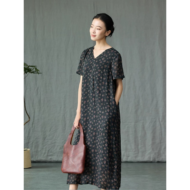 문예 품격 꽃무늬 라미 여성 드레스 레이스업 V넥 무릎 아래 큰 진자 프린트 면 린넨 롱 스커트
