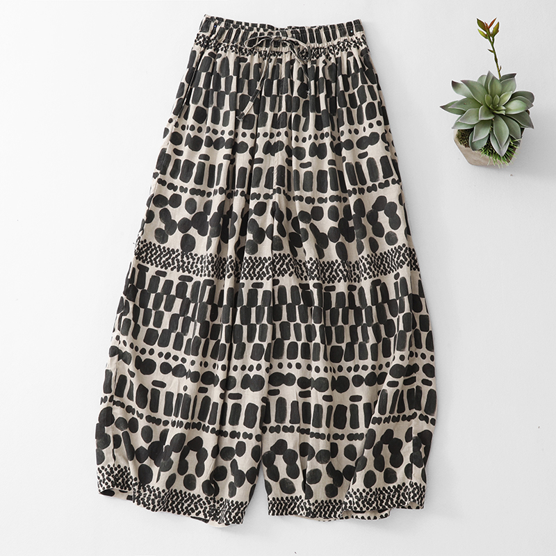 2026 레트로 프린트 면 린넨 와이드 레깅스 바지 허리밴드 슬림해 보이는 치마바지 캐주얼 와이드 다리 바지 여름