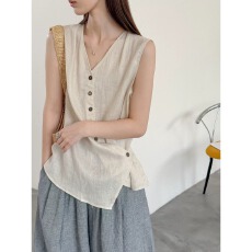批发棉麻衬衫女夏薄款<b class='q'>不规则</b>斜扣无袖背心禅意风漂亮冷淡系上衣