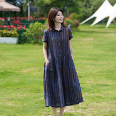 批发<b class='q'>棉麻</b>色织文艺复古条纹连衣裙女宽松显瘦中长款<b class='q'>衬衫</b>裙慵懒风