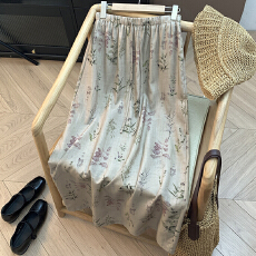 批发韩系度假风提花高级感复古亚麻碎花<b class='q'>半身裙</b>女夏宽松遮肉垂感中长裙