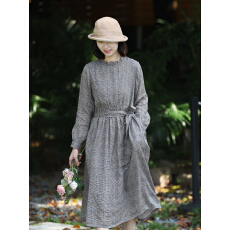 批发2026秋季女装高级灰色格子<b class='q'>连衣裙</b>木耳边领宽松版复古裙子