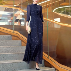 批发藏青色小波点立领气质大摆长裙2026春季新款优雅显瘦<b class='q'>连衣裙</b>