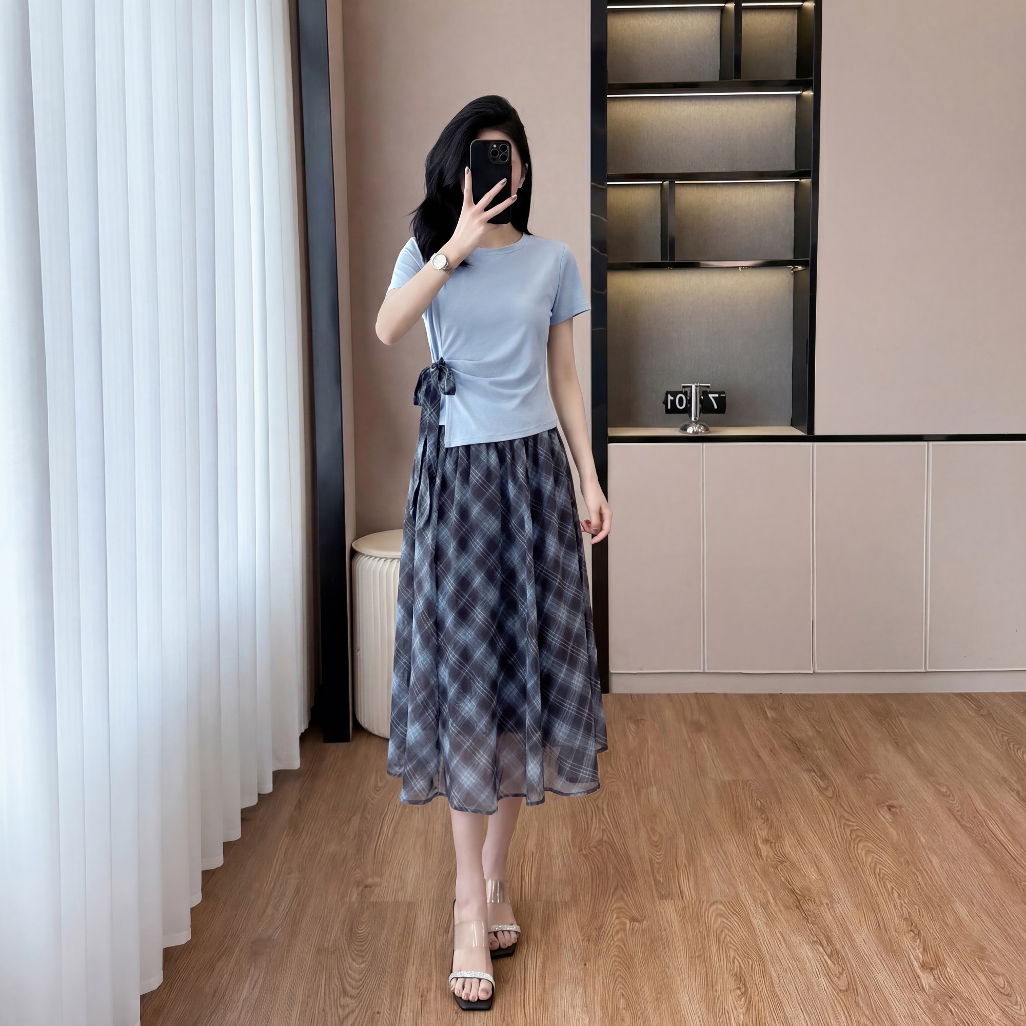 RY2644# 2026火爆新款套装夏时尚可调腰围T恤加格子大摆半身裙两件套