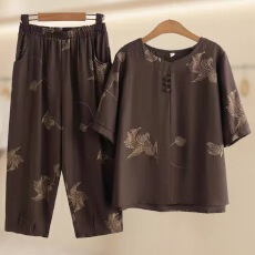 批发洋气女夏装棉麻透气<b class='q'>妈妈</b>套装短袖<b class='q'>妈妈</b>装中袖<b class='q'>衣服</b>大码套装