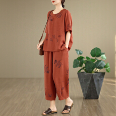 批发实拍洋气女夏装棉麻透气<b class='q'>妈妈</b>套装短袖<b class='q'>妈妈</b>装中袖<b class='q'>衣服</b>大码套装