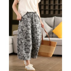 批发复古重工夏季新款提花100%麻阔腿裤女松紧腰显瘦直筒裤<b class='q'>休闲</b><b class='q'>九分裤</b>