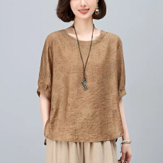 批发套头衬衫2026新款短袖衬衣女夏妈妈棉麻风小衫独特漂亮减龄款上衣