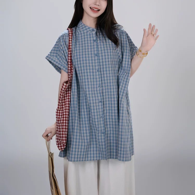 문예 레트로 라운드 넥 파란색 작은 격자 반팔 여성 드레스 여름 작은 청신 루즈핏 셔츠 드레스