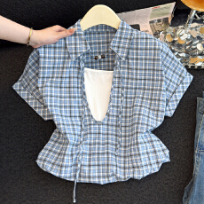 批发实拍2026小众设计感衬衫女新款巨好看宽松短袖假两件上衣