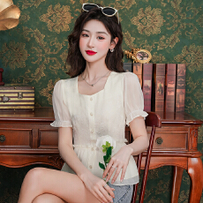 批发法式短袖雪纺衫女夏装2026新款减龄好看的小衫收腰显瘦遮肚子上衣