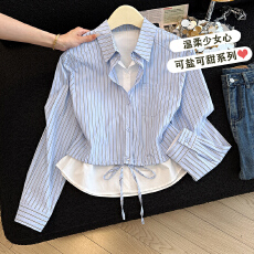 批发实拍条纹衬衫女2026新款<b class='q'>春</b>秋宽松慵懒风休闲高级设计感假两件上衣