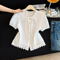 批发实拍2026<b class='q'>蕾丝</b>花边上衣女夏法式<b class='q'>娃娃衫</b>泡泡短袖衬衫