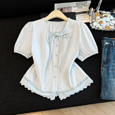 批发实拍2026<b class='q'>蕾丝</b>花边上衣女夏法式<b class='q'>娃娃衫</b>泡泡短袖衬衫
