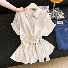 批发实拍绑带收腰短袖衬衫女2026夏季流行单品条纹衬衣法式小资上衣
